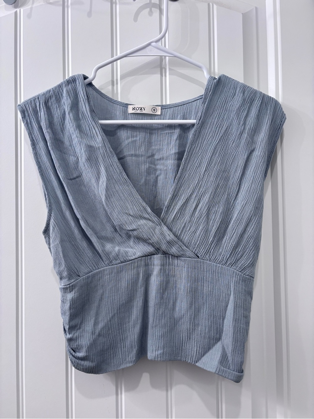 Light Blue V-Neck Pleated Sleeveless Top